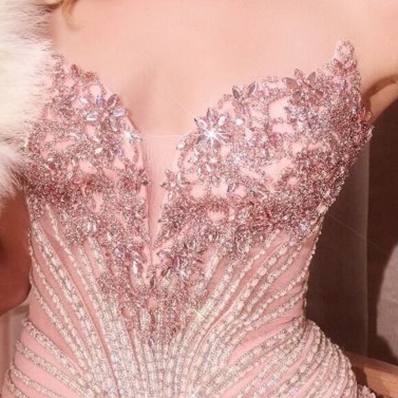 New Blush Beaded Graduation Gown w/ Corset Bodice & Elegant Leg Slit CD KV1138 - Picture 9 of 10